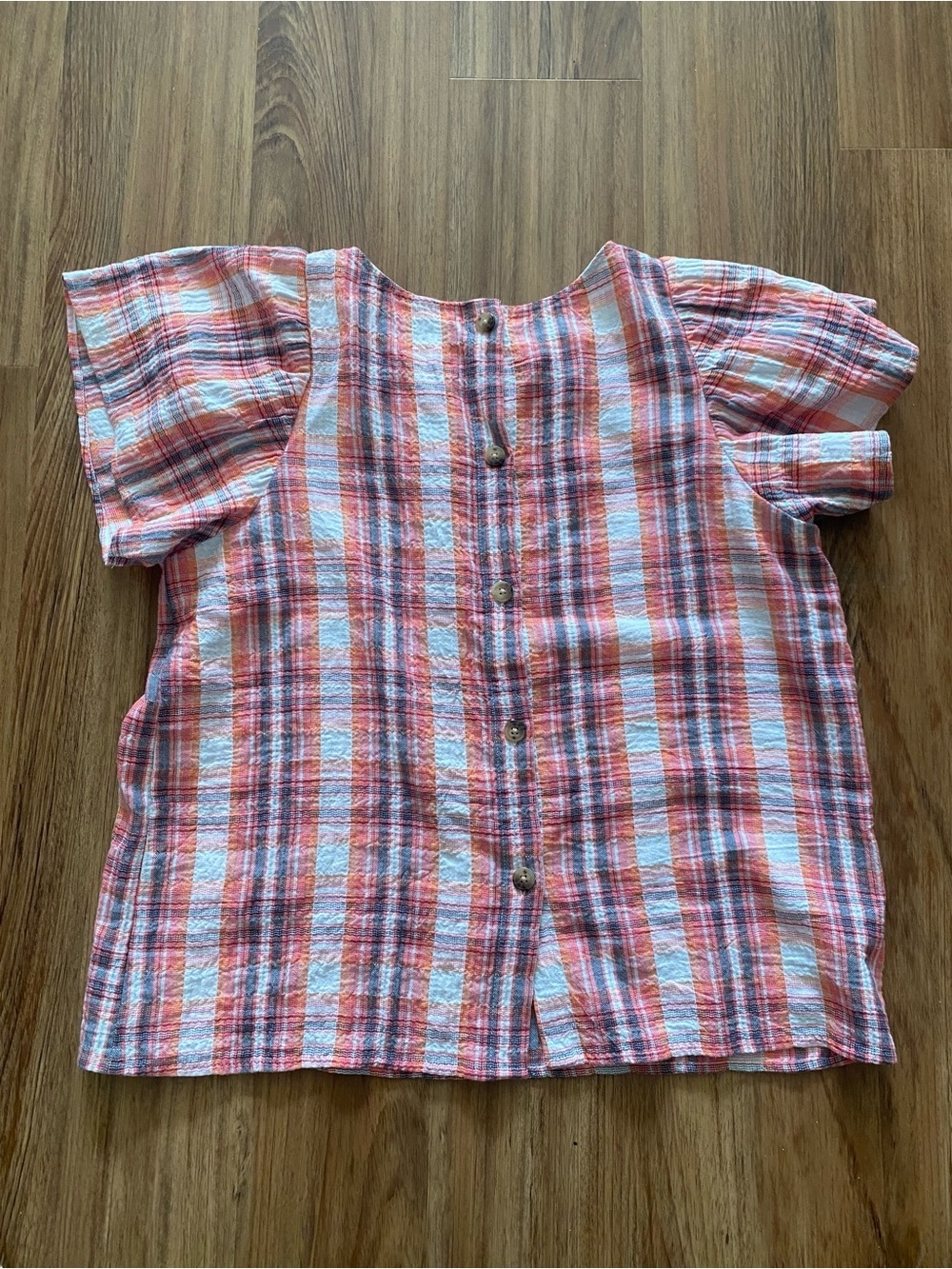 LOFT Pink and Orange Plaid Short-Sleeve Blouse - Picture 2 of 6